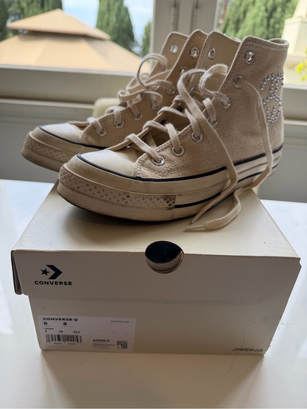 Converse High Top Sneakers in Cream with Black Trim and Rhinestone Star